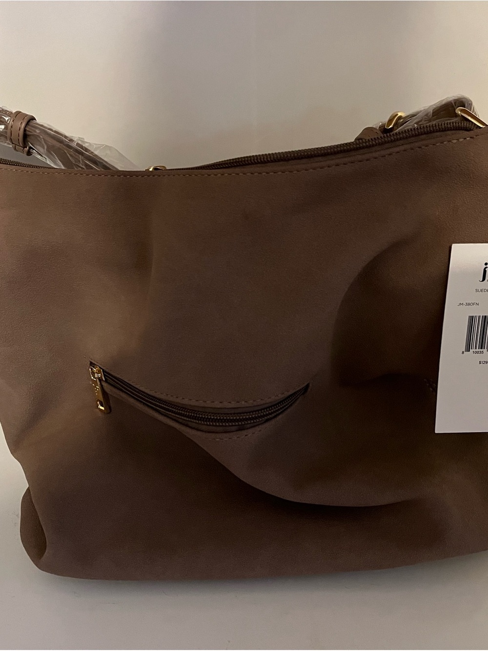 Brown Suede Shoulder Bag with Front Zip Pocket - Unbranded